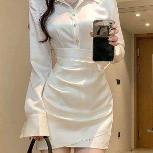 Y2K Aesthetic Satin Mini Dress with Button Detail - Elegant High Waist Casual Party Dress 2024