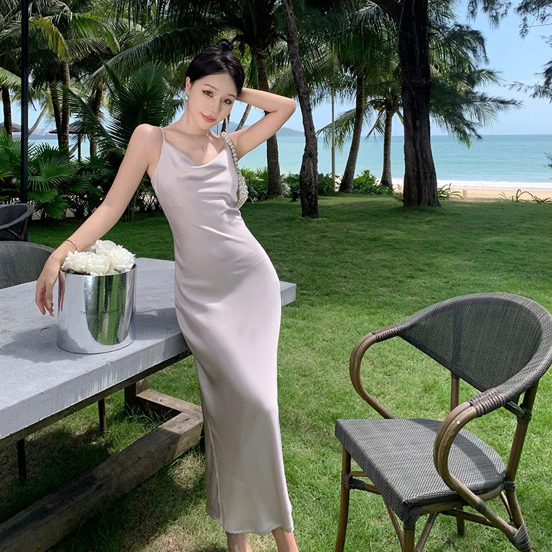 Y2K Aesthetic Satin Swing Dress with Swinging Collar, Sleeveless Casual Beach Dress 2024