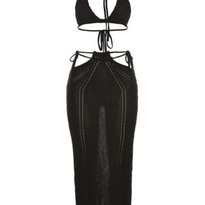 Y2K Aesthetic See-Through Dress Set: Sexy Lace-Up High Waist Skirt & Backless Top for Parties