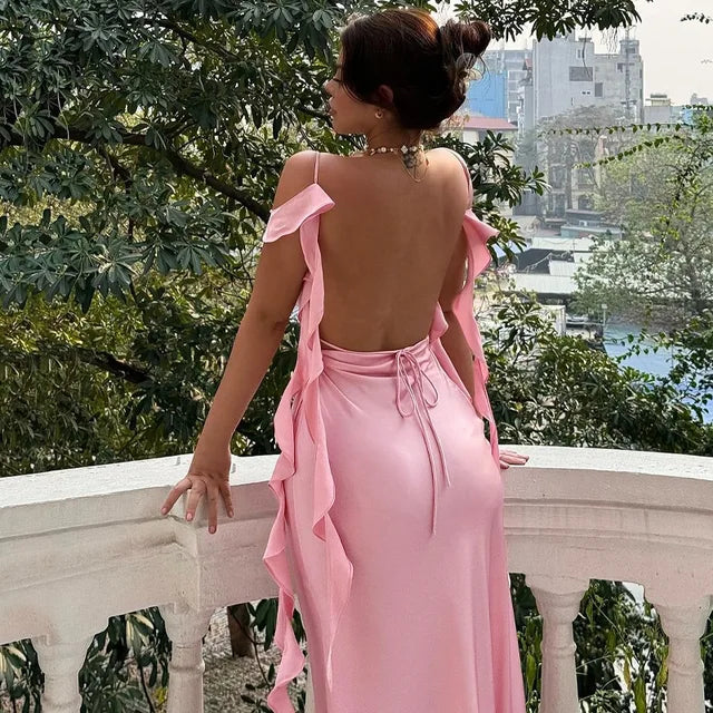 Y2K Aesthetic Sexy Backless Slit Ribbon Maxi Dress for Women - Sleeveless Summer Beach Style