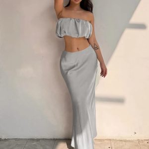 Y2K Aesthetic Sexy Matching Strapless Tube Top & Midi Dress Set for Summer Party Streetwear