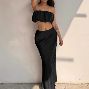 Y2K Aesthetic Sexy Matching Strapless Tube Top & Midi Dress Set for Summer Party Streetwear