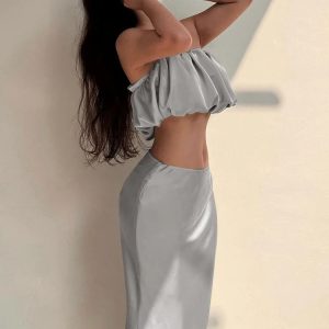 Y2K Aesthetic Sexy Matching Strapless Tube Top & Midi Dress Set for Summer Party Streetwear