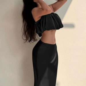 Y2K Aesthetic Sexy Matching Strapless Tube Top & Midi Dress Set for Summer Party Streetwear