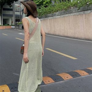 Y2K Aesthetic Sleeveless Maxi Dress Overalls with Side-Slit for Summer Beachwear