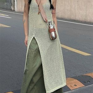 Y2K Aesthetic Sleeveless Maxi Dress Overalls with Side-Slit for Summer Beachwear