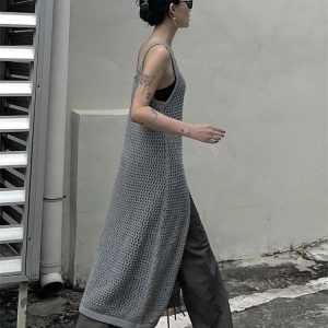 Y2K Aesthetic Sleeveless Maxi Dress Overalls with Side-Slit for Summer Beachwear