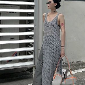 Y2K Aesthetic Sleeveless Maxi Dress Overalls with Side-Slit for Summer Beachwear