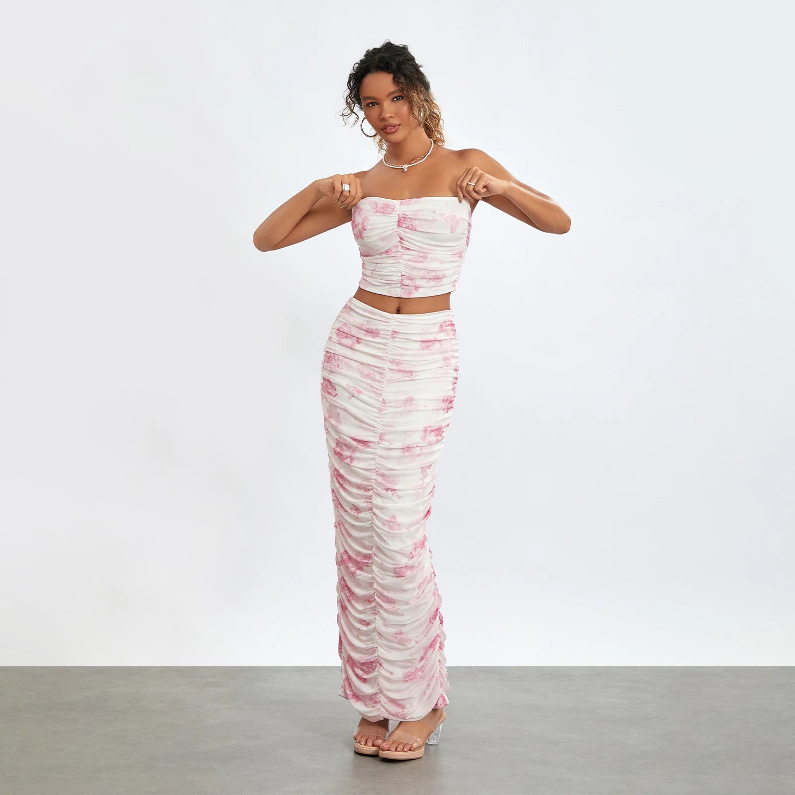 Y2K Aesthetic Sleeveless Off-Shoulder Cropped Tube Top & Pattern Print Long Skirt Set