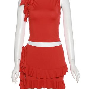 Y2K Aesthetic Slim Fit Mini Skirt Set with Sleeveless Crop Top & Lace-Up Detail for Hot Girls