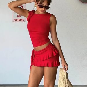 Y2K Aesthetic Slim Fit Mini Skirt Set with Sleeveless Crop Top & Lace-Up Detail for Hot Girls