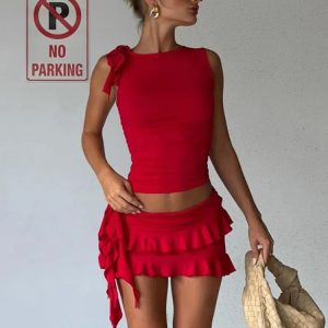 Y2K Aesthetic Slim Fit Mini Skirt Set with Sleeveless Crop Top & Lace-Up Detail for Hot Girls