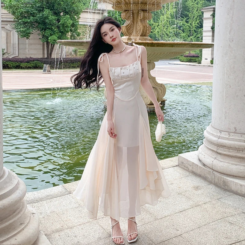 Y2K Aesthetic Slim Midi Dress - Sleeveless Spaghetti Strap Solid Gauze Fairy Dress for Summer 2024