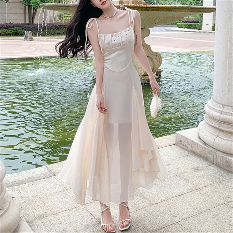 Y2K Aesthetic Slim Midi Dress - Sleeveless Spaghetti Strap Solid Gauze Fairy Dress for Summer 2024