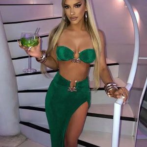 Y2K Aesthetic Solid 2-Piece Tube Top & High Waist Side Slit Midi Skirt Set for Parties