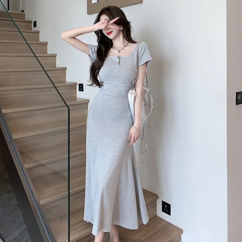 Y2K Aesthetic Solid Bodycon Midi Dress for Women - Square Neck Short Sleeve Party Dress