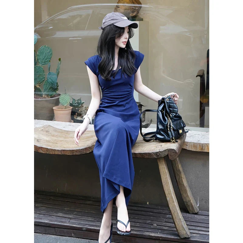 Y2K Aesthetic Solid Midi Dress for Women - Short Sleeve O-neck Casual Holiday Elegance