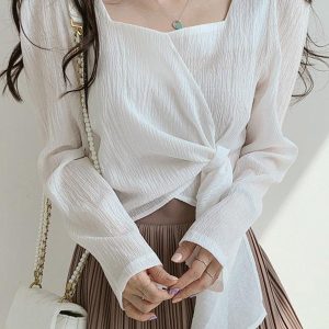 Y2K Aesthetic Square Neck Strappy Loose Long Sleeve Top for Trendy Outfits