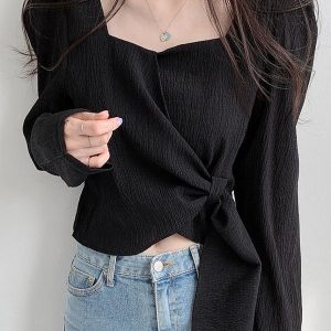 Y2K Aesthetic Square Neck Strappy Loose Long Sleeve Top for Trendy Outfits