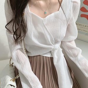 Y2K Aesthetic Square Neck Strappy Loose Long Sleeve Top for Trendy Outfits