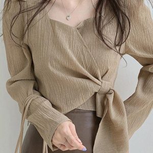 Y2K Aesthetic Square Neck Strappy Loose Long Sleeve Top for Trendy Outfits