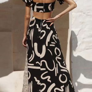 Y2K Aesthetic Strapless Puff Sleeve Crop Top & Matching Cargo Skirt Set