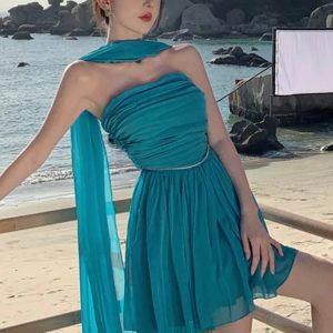 Y2K Aesthetic Strapless Summer Dress for Women with Long Ribbon High Waist A-line Style