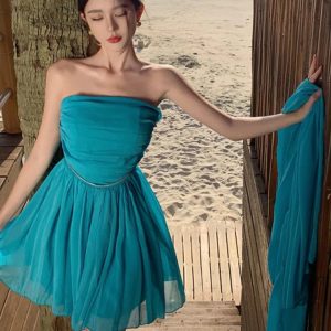 Y2K Aesthetic Strapless Summer Dress for Women with Long Ribbon High Waist A-line Style