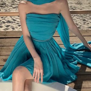 Y2K Aesthetic Strapless Summer Dress for Women with Long Ribbon High Waist A-line Style