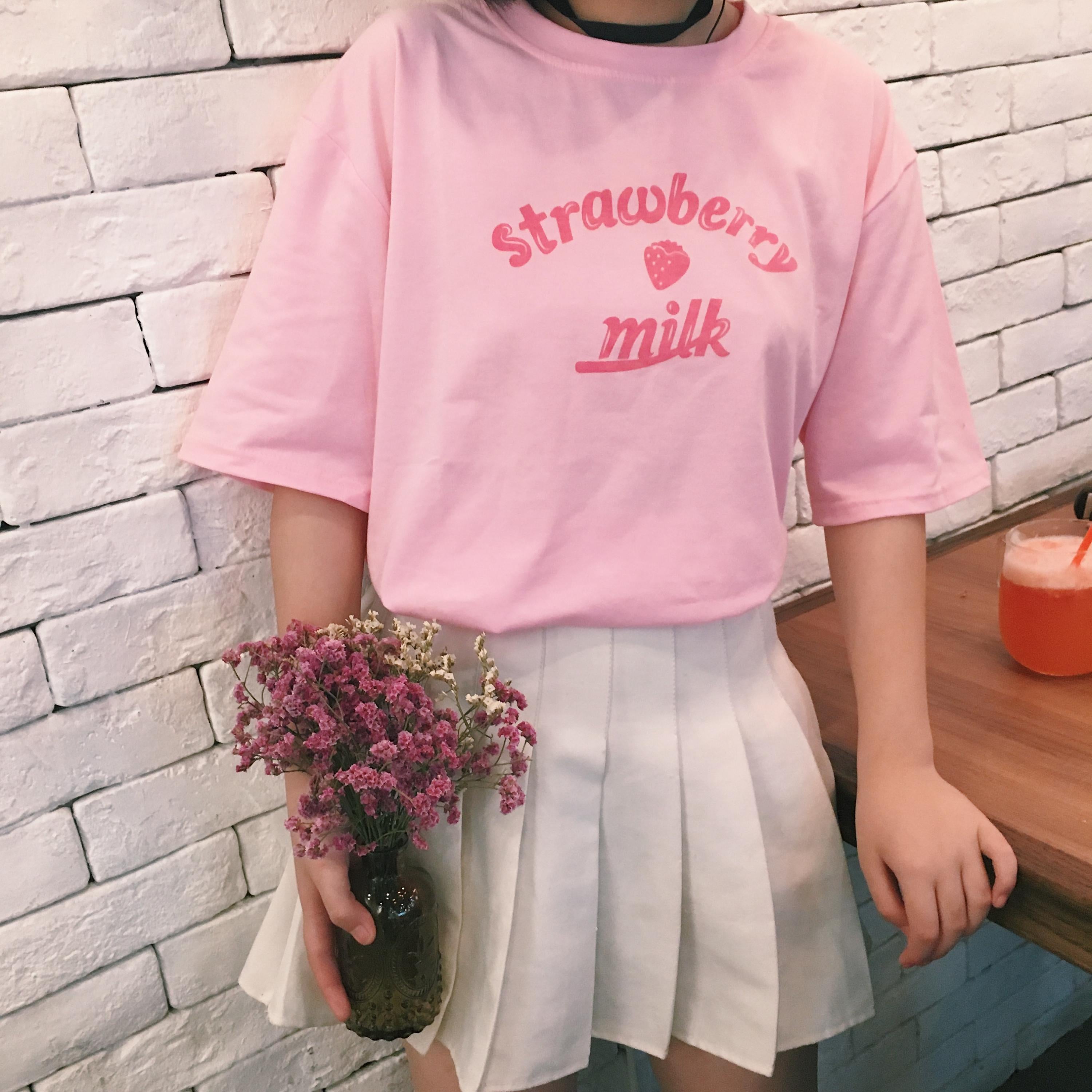 Y2K Aesthetic 'Strawberry Milk' Kidcore T-Shirt - Cute Summer Outfit Essential