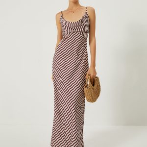 Y2K Aesthetic Stripe Low Cut Slim Long Dress - Trendy Coquette Style for Effortless Chic