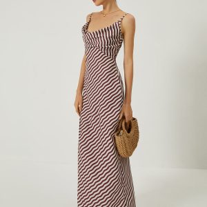 Y2K Aesthetic Stripe Low Cut Slim Long Dress - Trendy Coquette Style for Effortless Chic