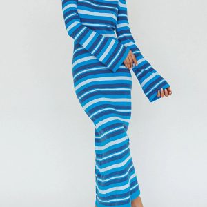 Y2K Aesthetic Striped Knit Rib Long Dress with Flare Sleeves and Backless Design