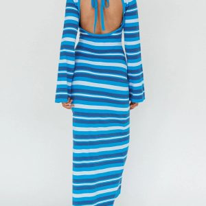 Y2K Aesthetic Striped Knit Rib Long Dress with Flare Sleeves and Backless Design