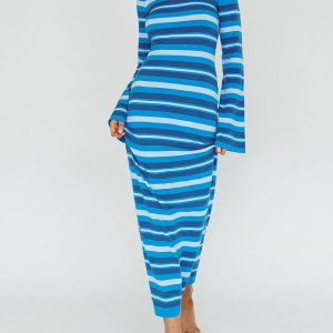 Y2K Aesthetic Striped Knit Rib Long Dress with Flare Sleeves and Backless Design