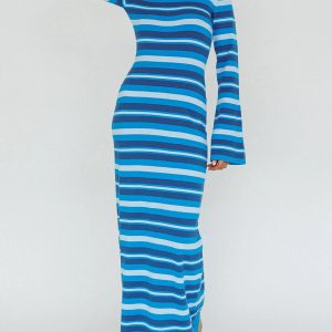 Y2K Aesthetic Striped Knit Rib Long Dress with Flare Sleeves and Backless Design