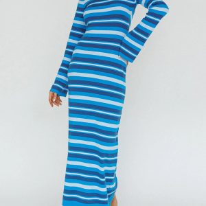 Y2K Aesthetic Striped Knit Rib Long Dress with Flare Sleeves and Backless Design