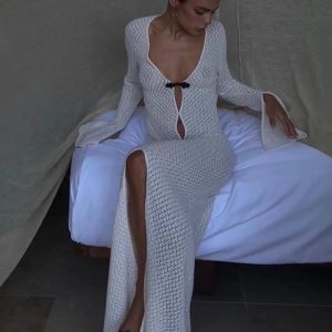 Y2K Aesthetic Summer Beach Maxi Dress with Hollow Out Long Sleeves and V-Neck Split