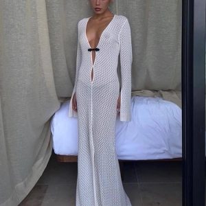 Y2K Aesthetic Summer Beach Maxi Dress with Hollow Out Long Sleeves and V-Neck Split