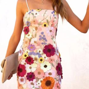 Y2K Aesthetic Three-Dimensional Flower Embroidery Suspender Dress Skirt for Trendy Looks