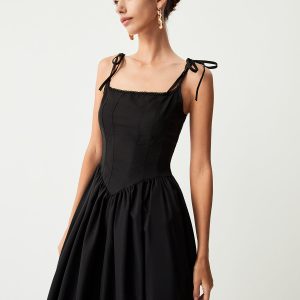 Y2K Aesthetic Tie Shoulder Pleated Midi Dress - Cute and Comfy for Every Occasion