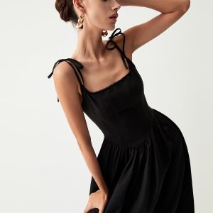 Y2K Aesthetic Tie Shoulder Pleated Midi Dress - Cute and Comfy for Every Occasion