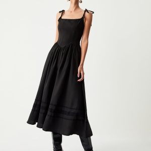 Y2K Aesthetic Tie Shoulder Pleated Midi Dress - Cute and Comfy for Every Occasion