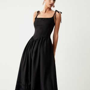 Y2K Aesthetic Tie Shoulder Pleated Midi Dress - Cute and Comfy for Every Occasion