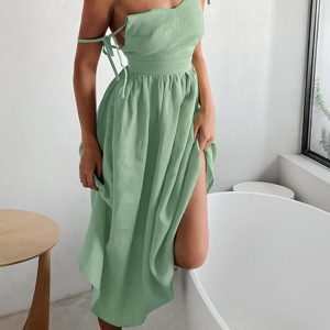 Y2K Aesthetic Tie-Straps High Waist Backless Cotton Dress for Trendy Summer Vibes