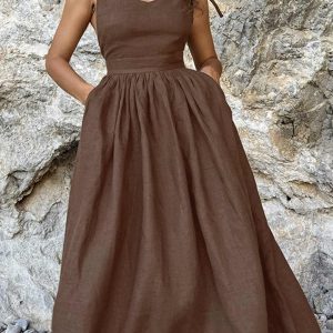 Y2K Aesthetic Tie-Straps High Waist Backless Cotton Dress for Trendy Summer Vibes