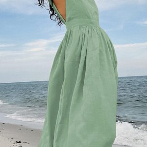 Y2K Aesthetic Tie-Straps High Waist Backless Cotton Dress for Trendy Summer Vibes