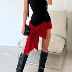 Y2K Aesthetic Tie-Up Straps Bow Pack Hip Dress for Cute Coquette Style Outfits