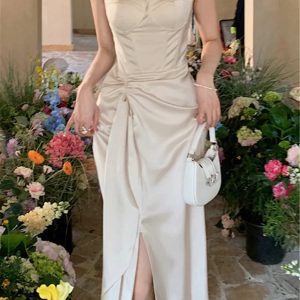 Y2K Aesthetic Vintage Midi Dress for Women - Sleeveless Solid Square Collar Spaghetti Strap Party Dress