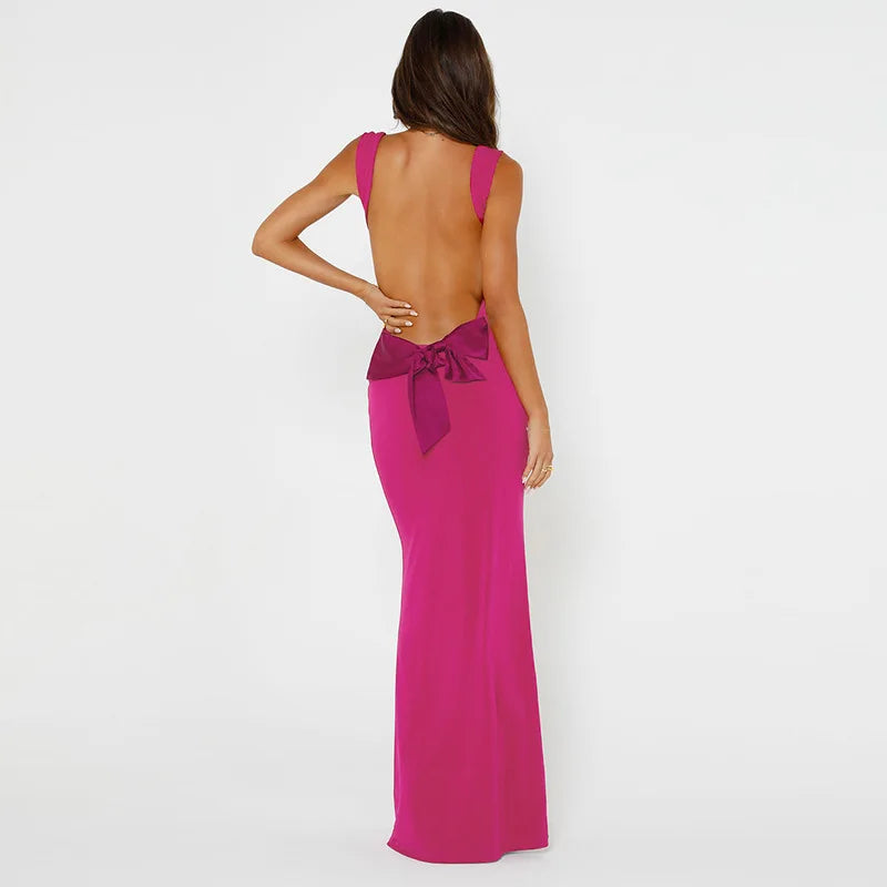 Y2K Bodycon Maxi Dress - Backless Bow Sleeveless V Neck Evening Party Outfit 2024